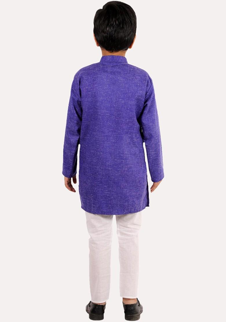 Blue Embroidered Cotton Kurta Set For Boys - Indya
