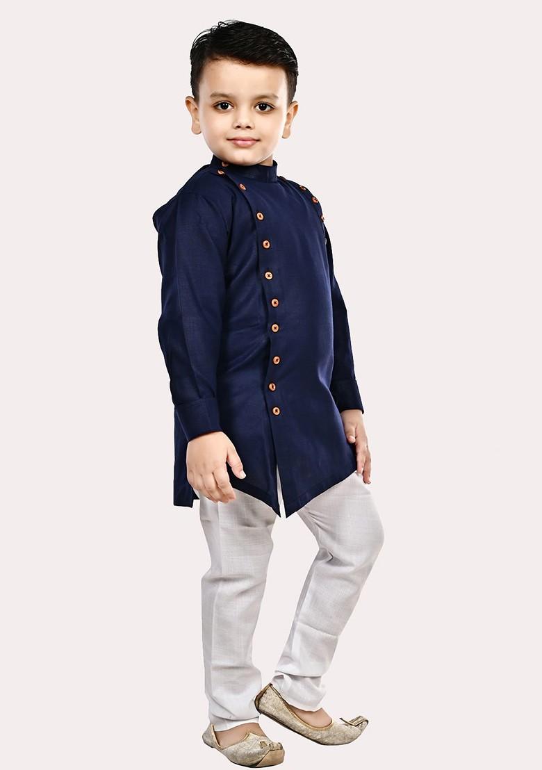 Blue Embroidered Cotton Kurta Set For Boys - Indya