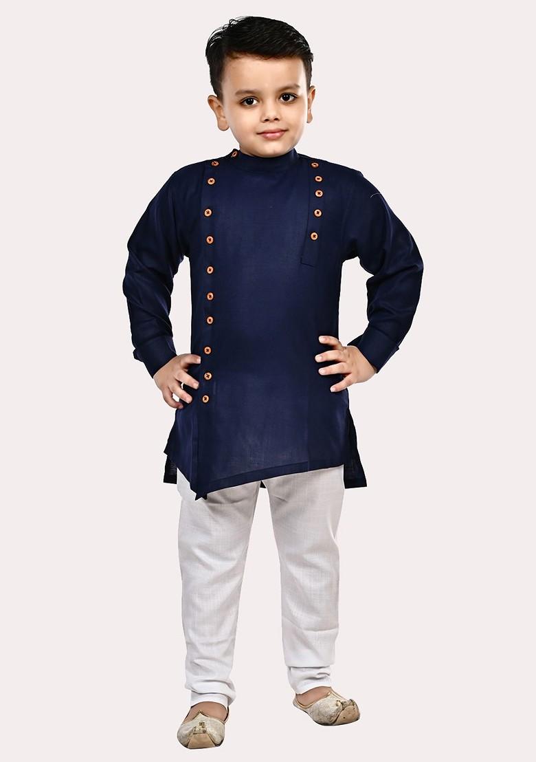 Blue Embroidered Cotton Kurta Set For Boys - Indya