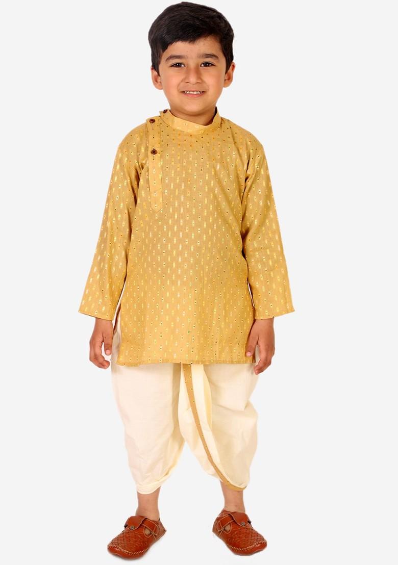 Cream Striped Blended Kurta Dhoti Set For Boys - Indya