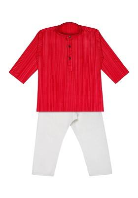 Red Striped Blended Kurta Set For Boys
