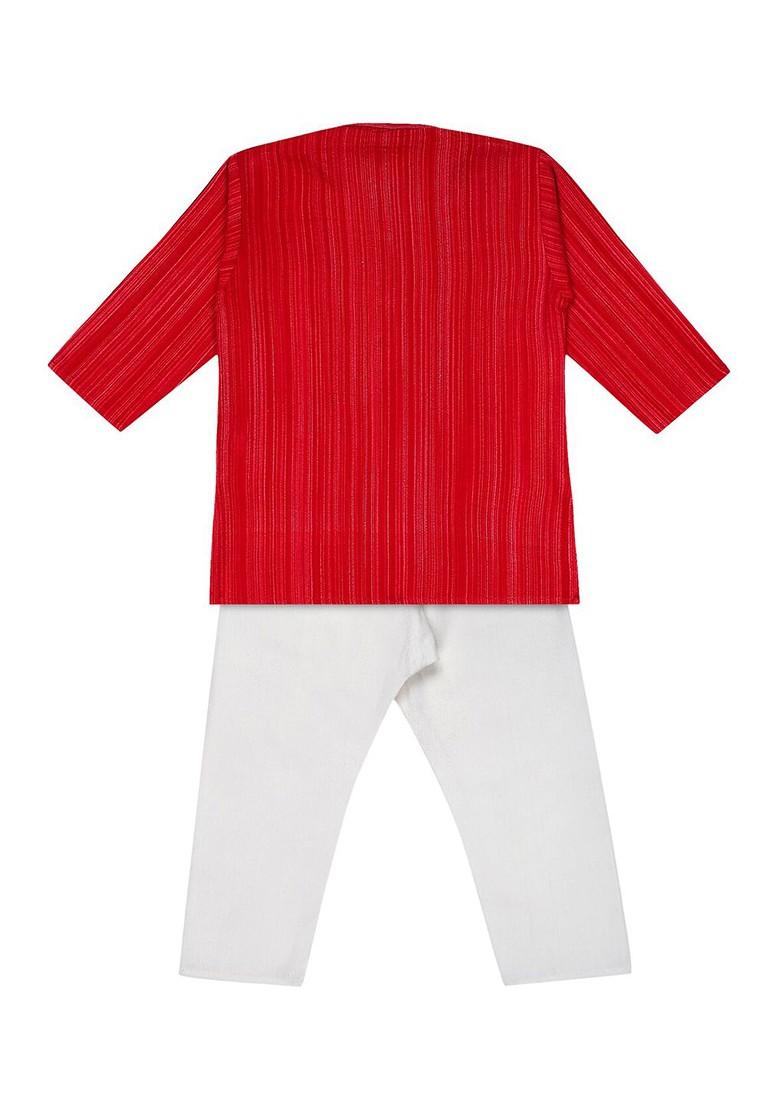 Red Striped Blended Kurta Set For Boys - Indya