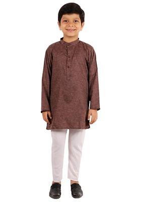Coffee Brown Solid Blended Kurta Set For Boys
