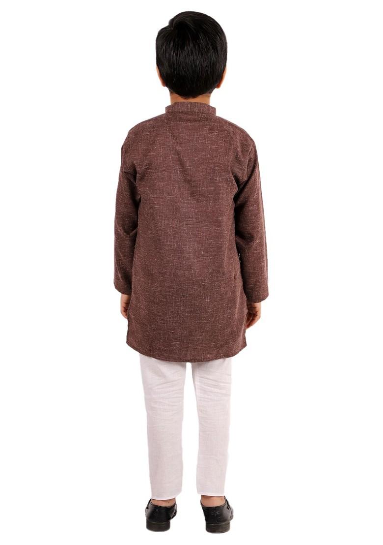 Coffee Brown Solid Blended Kurta Set For Boys - Indya