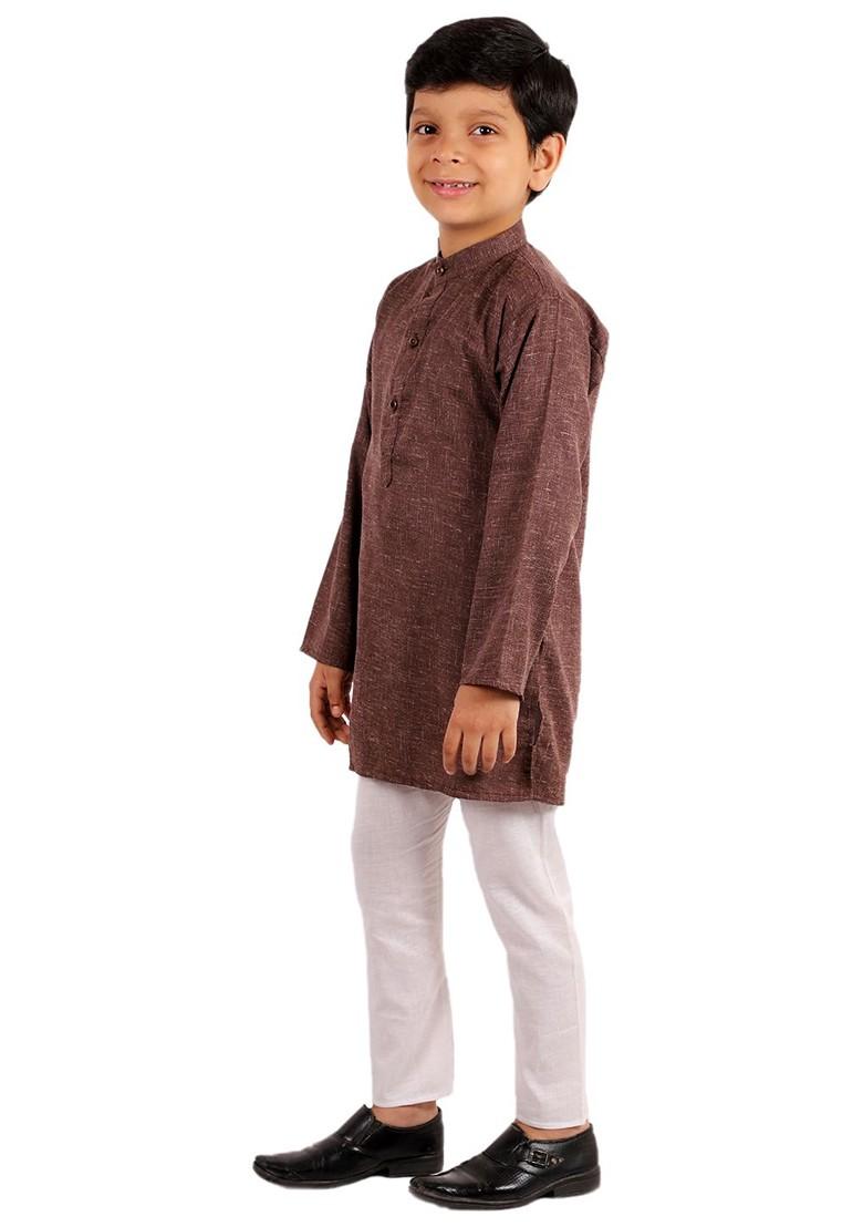 Coffee Brown Solid Blended Kurta Set For Boys - Indya
