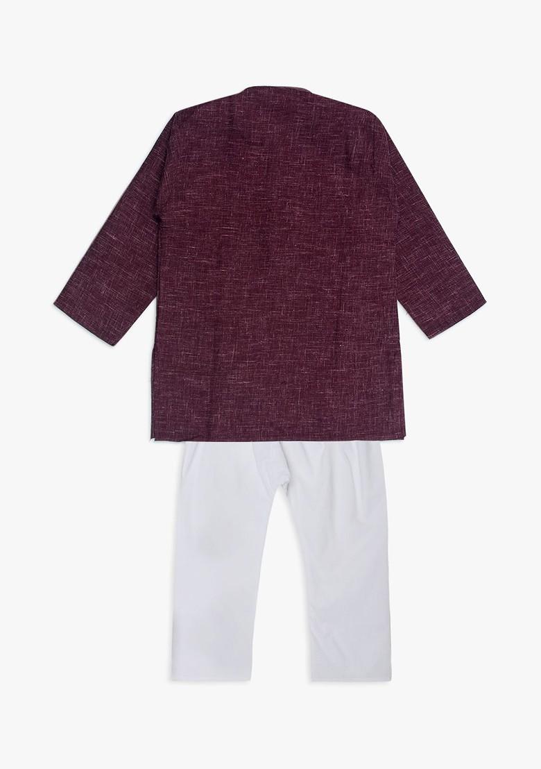 Maroon Solid Blended Kurta Set For Boys - Indya