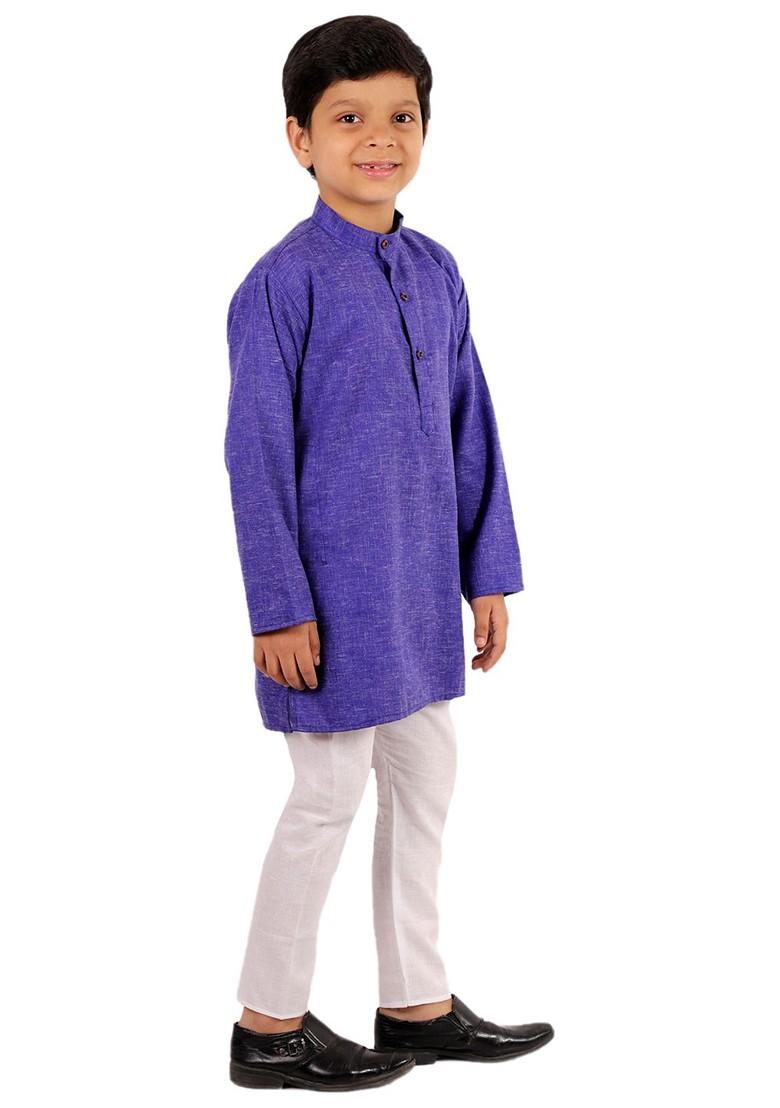 Navy Blue Solid Blended Kurta Set For Boys - Indya