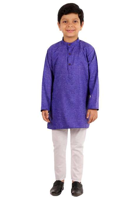 Navy Blue Solid Blended Kurta Set For Boys