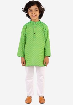 Green Printed Blended Kurta Set For Boys