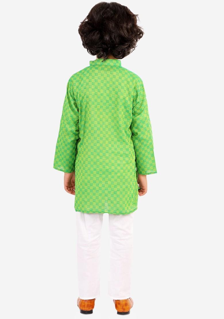 Green Printed Blended Kurta Set For Boys - Indya