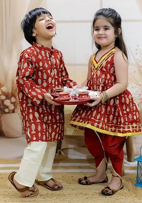 Maroon Printed Cotton Kurta Set For Boys