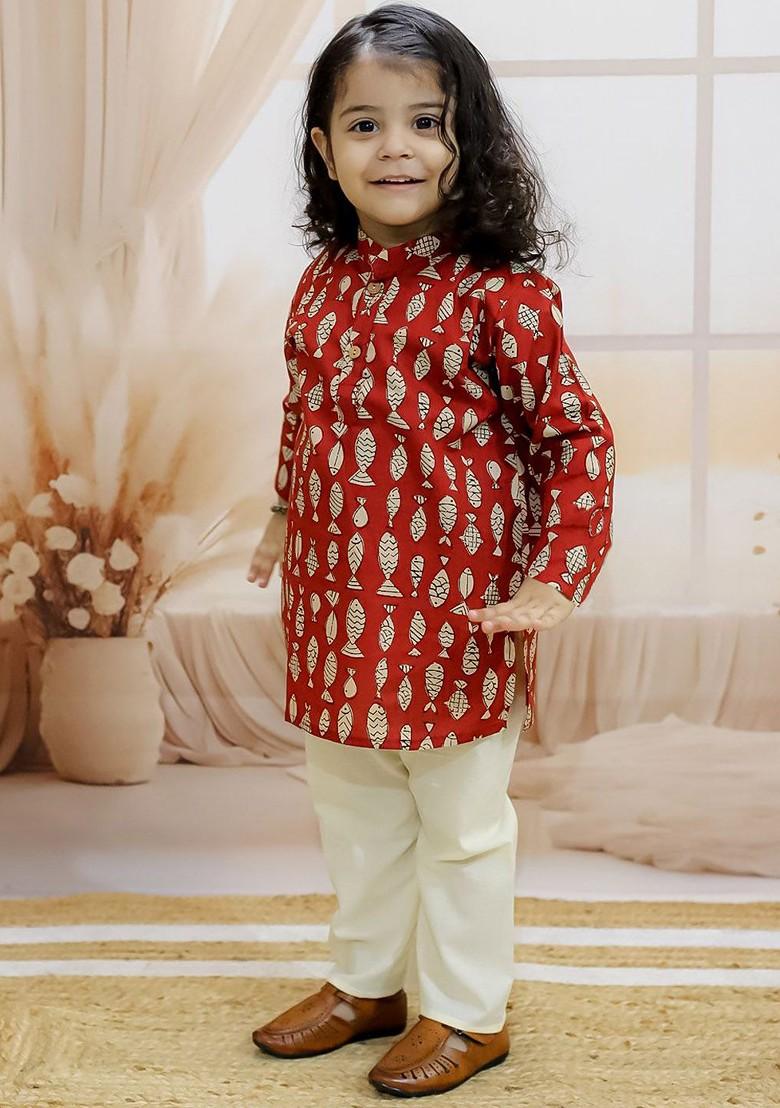 Maroon Printed Cotton Kurta Set For Boys - Indya