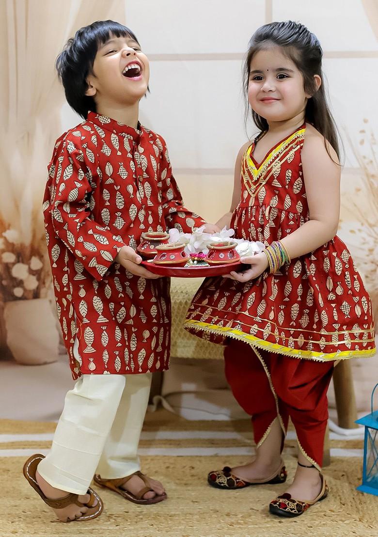 Maroon Printed Cotton Kurta Set For Boys - Indya