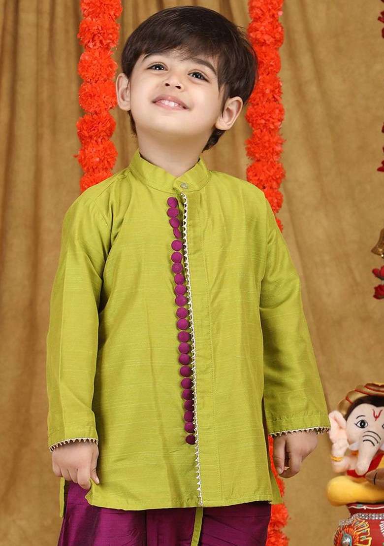 Magenta Gotta Patti Work Cotton Kurta Dhoti Set For Boys - Indya