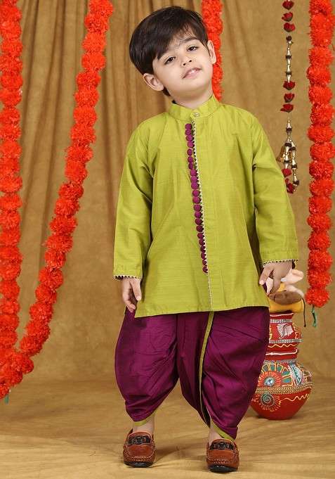 Magenta Gotta Patti Work Cotton Kurta Dhoti Set For Boys