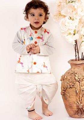 Off White Printed Blended Kurta Dhoti Set For Boys