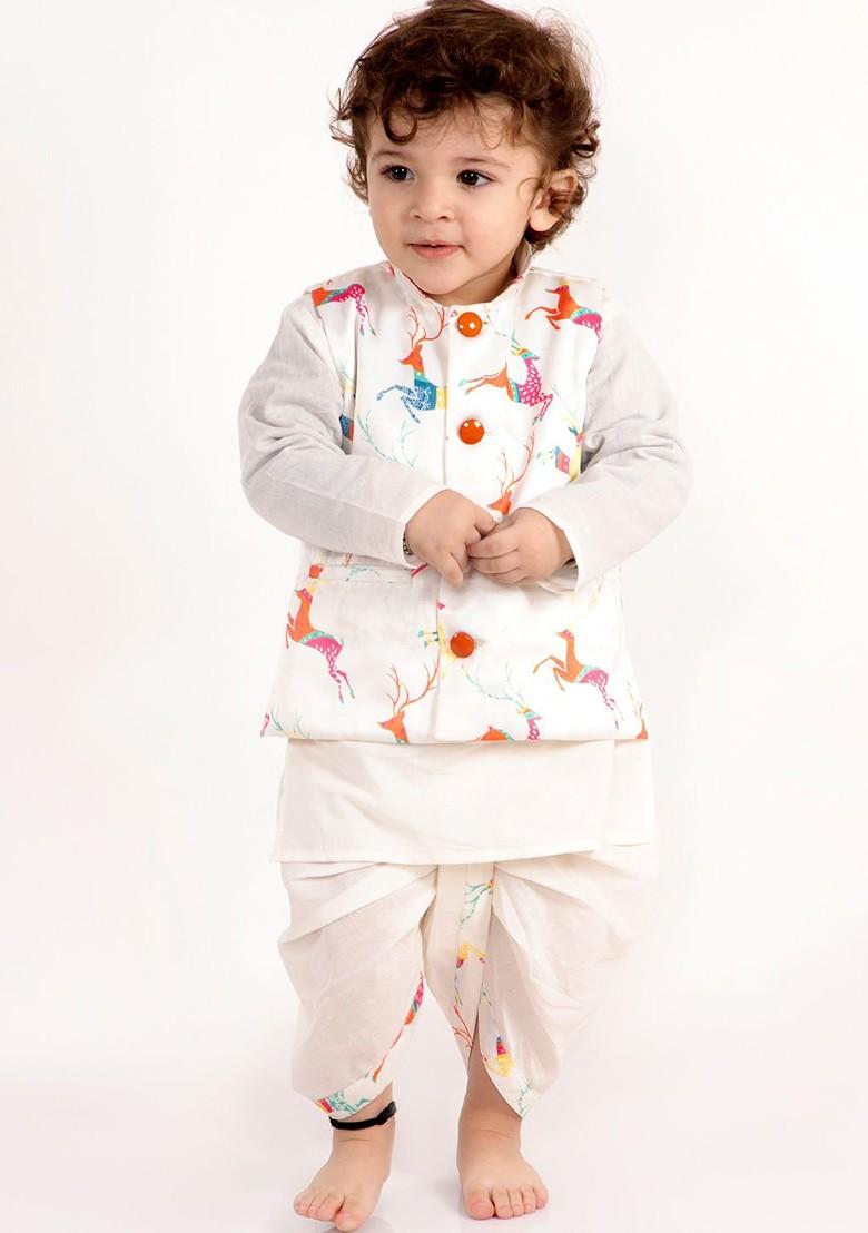 Off White Printed Blended Kurta Dhoti Set For Boys - Indya