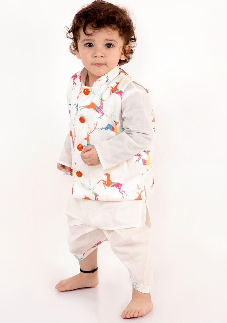 Off White Printed Blended Kurta Dhoti Set For Boys - Indya