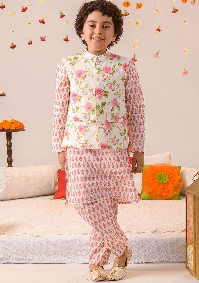 Off White Printed Cotton Nehru Jacket Set For Boys - Indya
