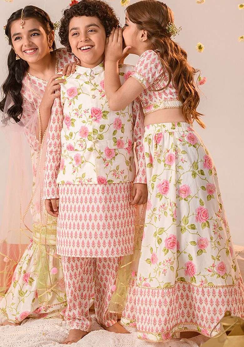 Off White Printed Cotton Nehru Jacket Set For Boys - Indya