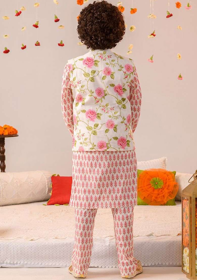 Off White Printed Cotton Nehru Jacket Set For Boys - Indya