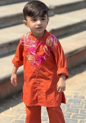 Orange Printed Cotton Kurta Set For Boys