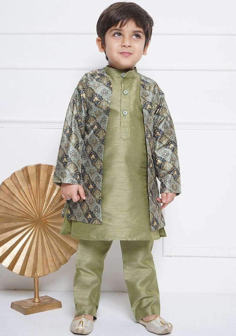 Green Embroidered Blended Kurta Set For Boys - Indya
