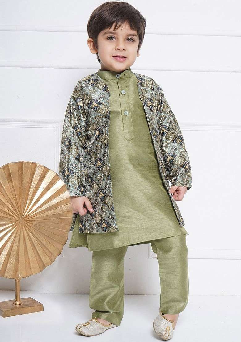 Green Embroidered Blended Kurta Set For Boys - Indya