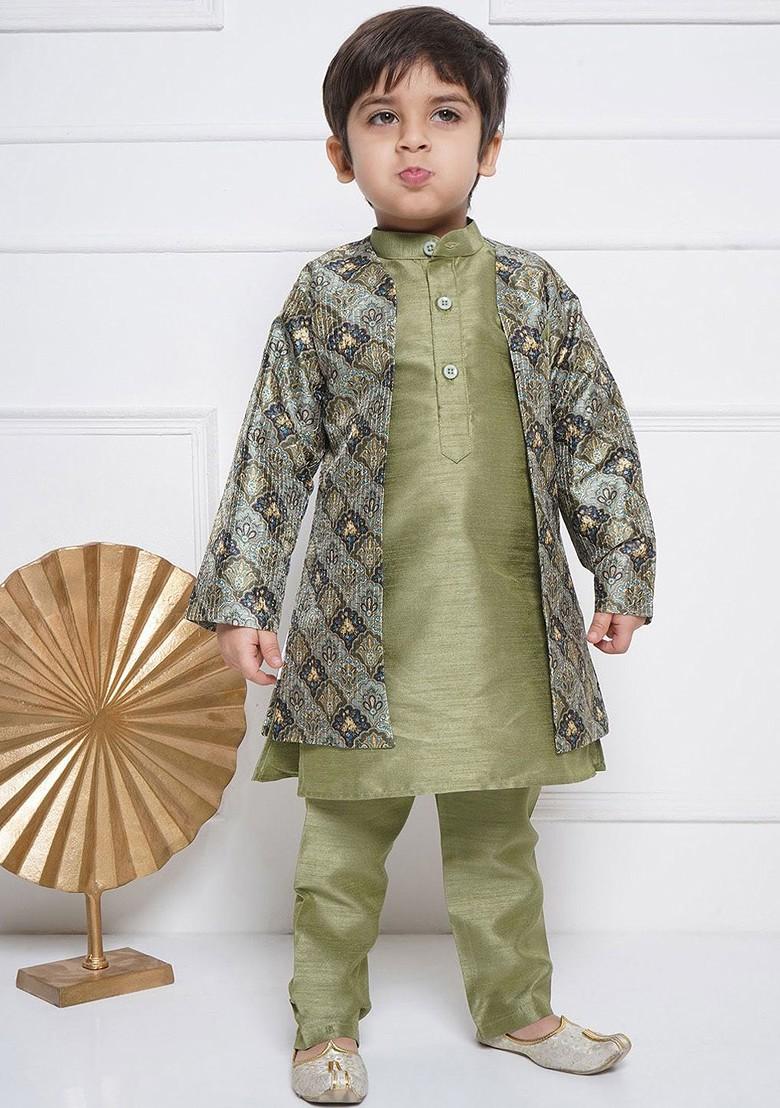 Green Embroidered Blended Kurta Set For Boys - Indya