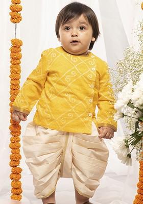 Yellow Printed Cotton Kurta Dhoti Set For Boys