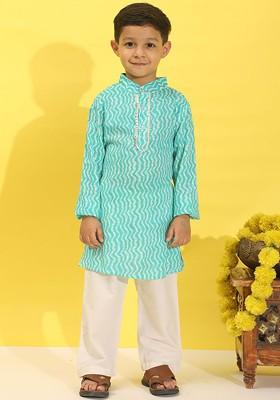 Turquoise Blue Printed Blended Kurta Set For Boys