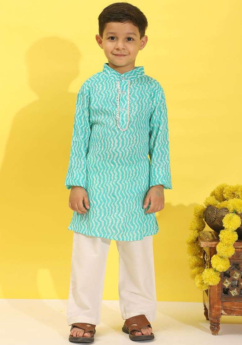 Turquoise Blue Printed Blended Kurta Set For Boys - Indya