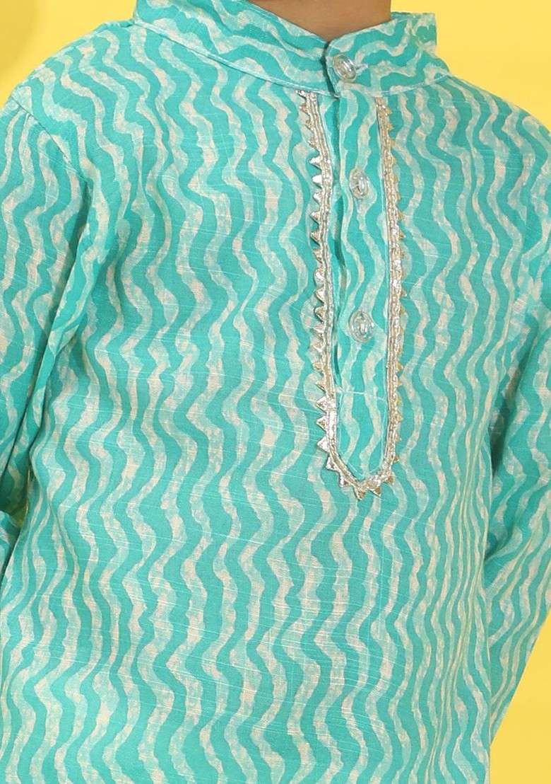 Turquoise Blue Printed Blended Kurta Set For Boys - Indya