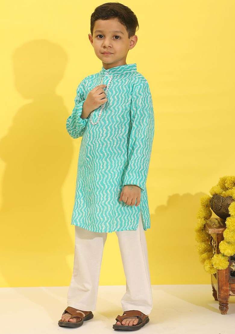 Turquoise Blue Printed Blended Kurta Set For Boys - Indya