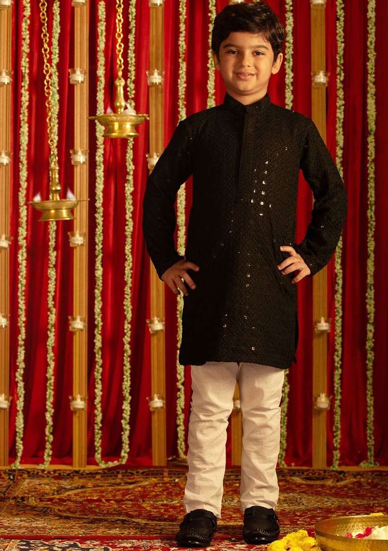 Black Embroidered Blended Kurta Set For Boys - Indya