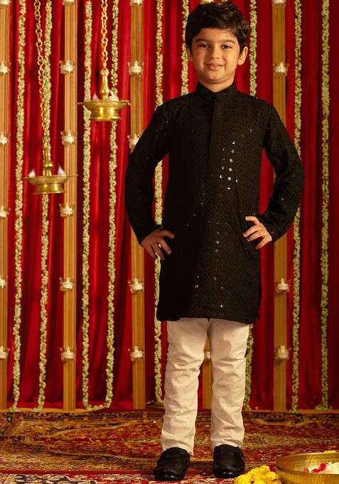 Black Embroidered Blended Kurta Set For Boys