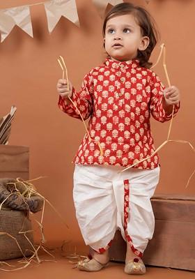 Red Printed Cotton Kurta Dhoti Set For Boys