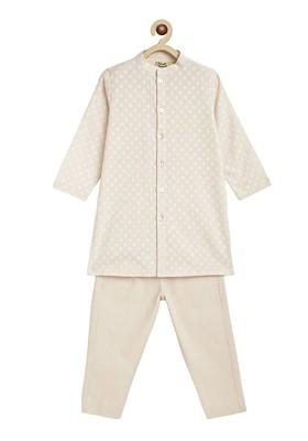Cream Embroidered Blended Kurta Set For Boys