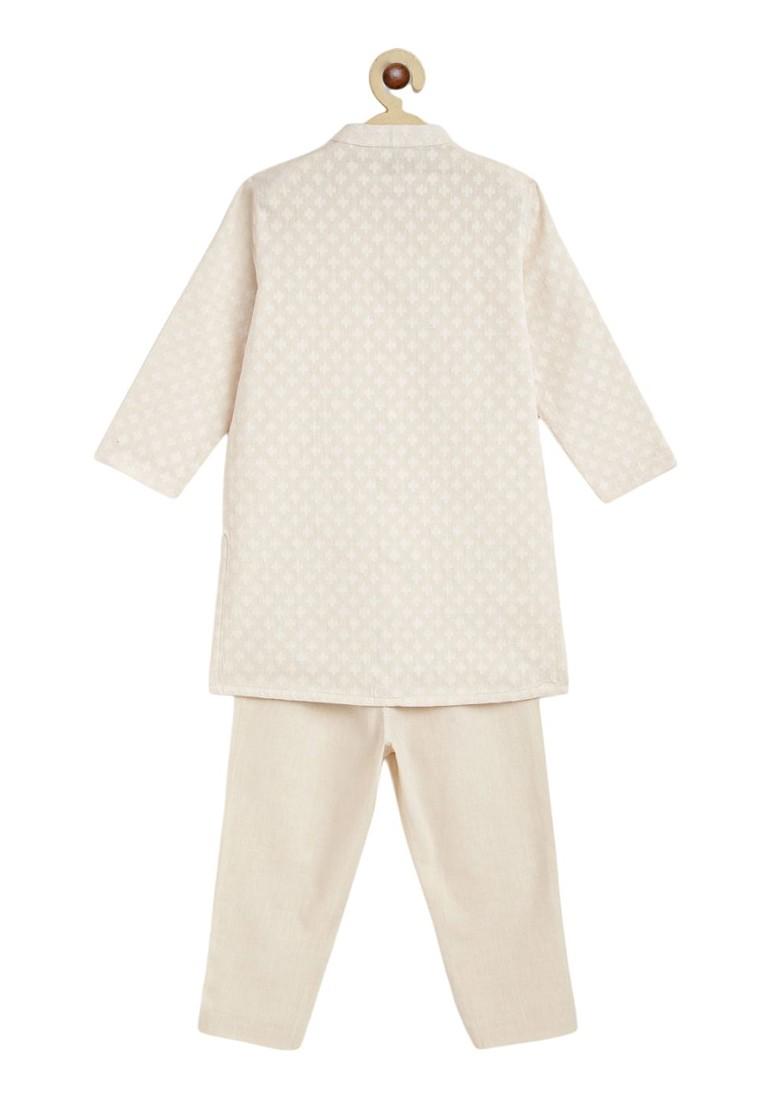 Cream Embroidered Blended Kurta Set For Boys - Indya