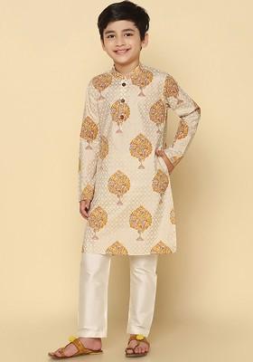 White Printed Blended Kurta Set For Boys