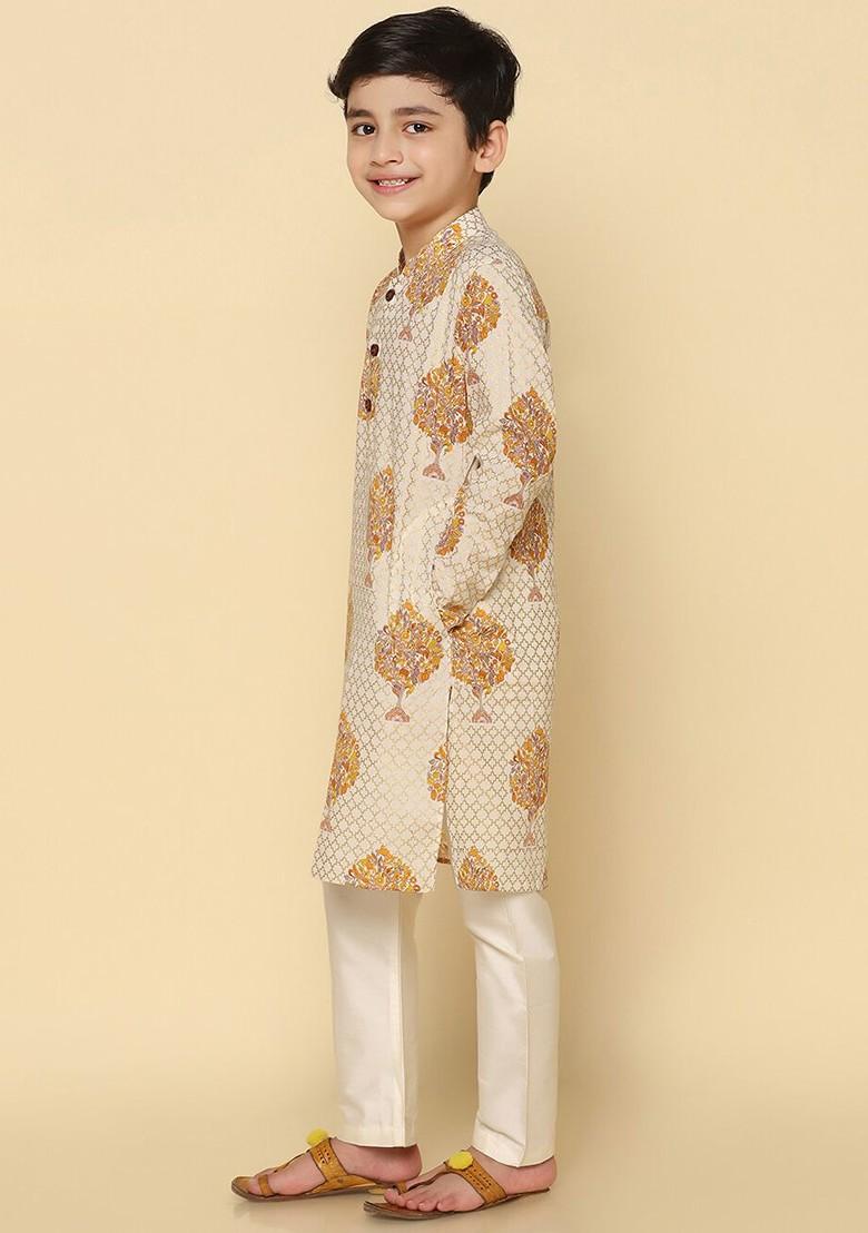 White Printed Blended Kurta Set For Boys - Indya