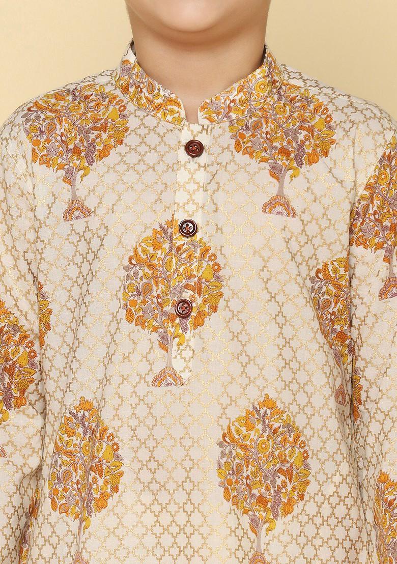 White Printed Blended Kurta Set For Boys - Indya