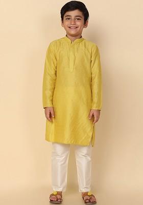 Yellow Solid Blended Kurta Set For Boys
