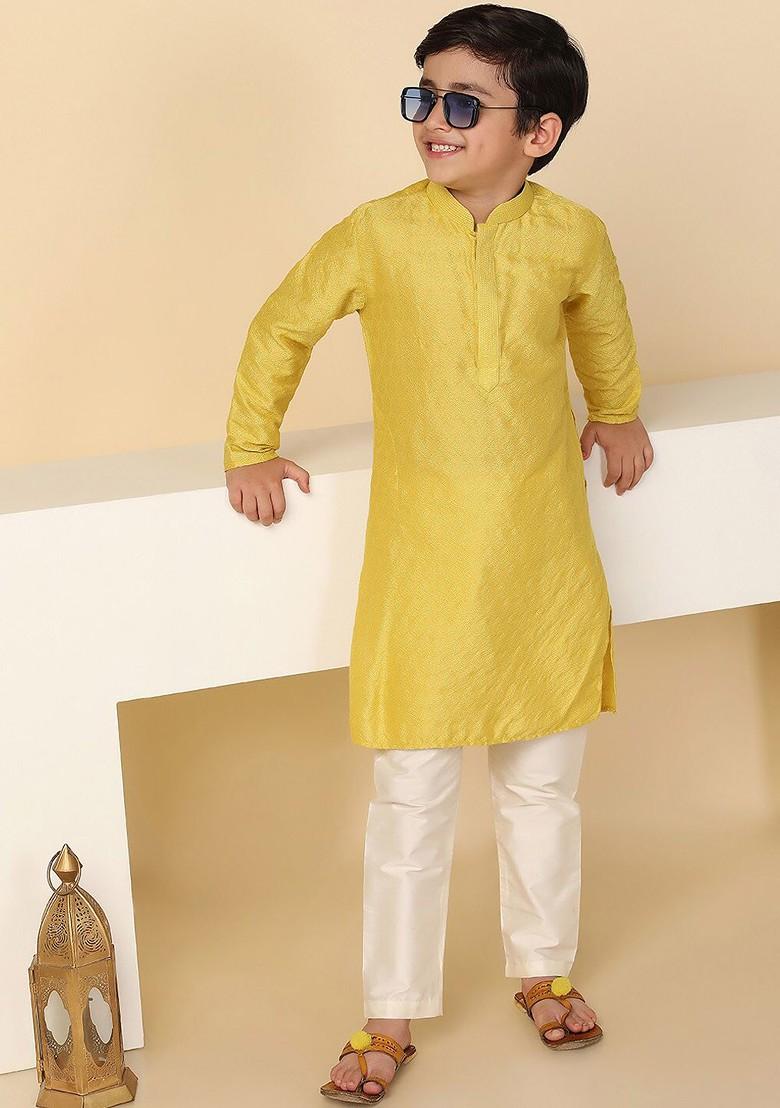 Yellow Solid Blended Kurta Set For Boys - Indya