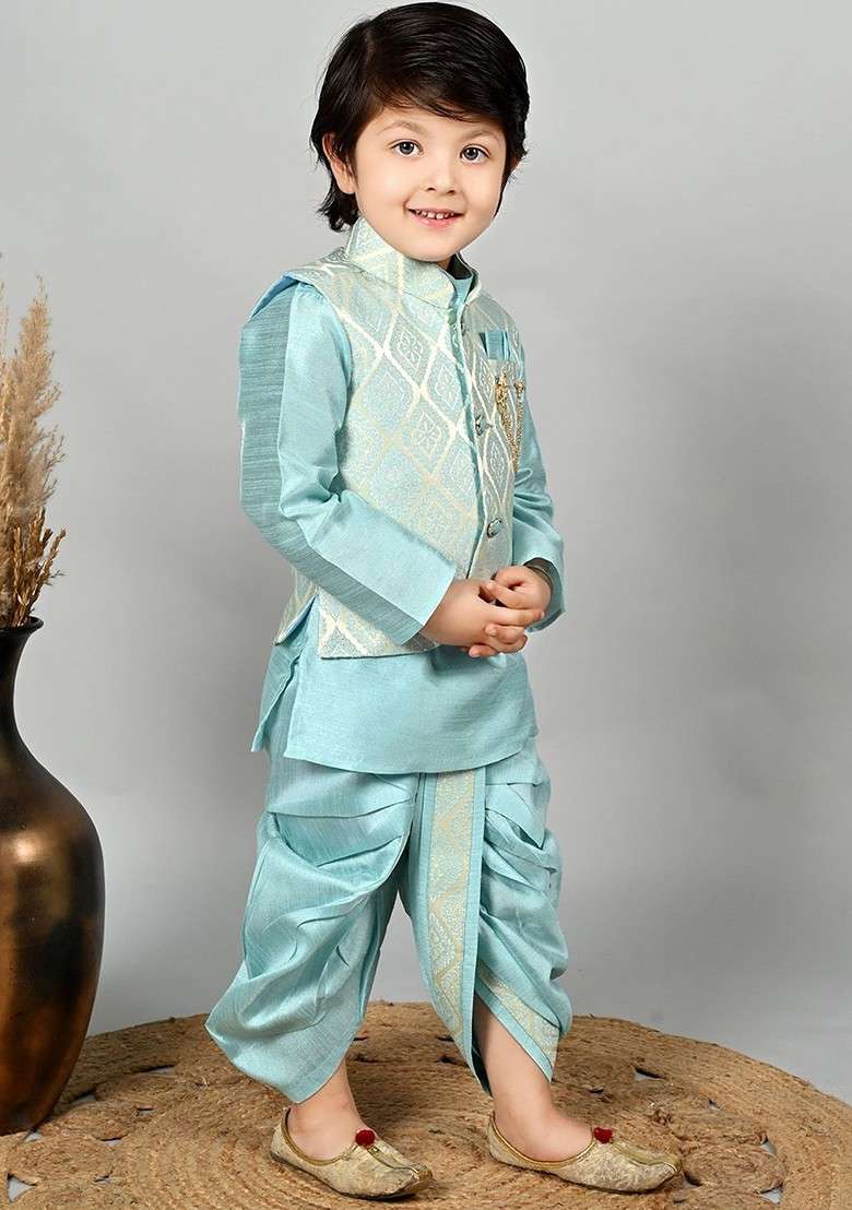 Blue Embroidered Blended Kurta Dhoti Set For Boys - Indya