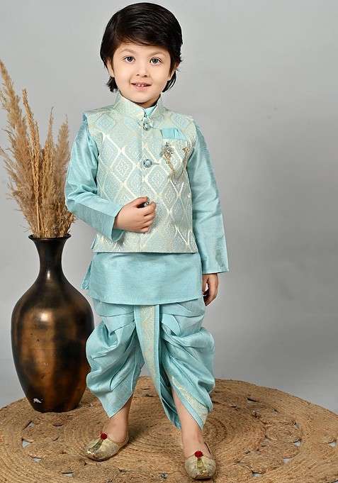 Blue Embroidered Blended Kurta Dhoti Set For Boys