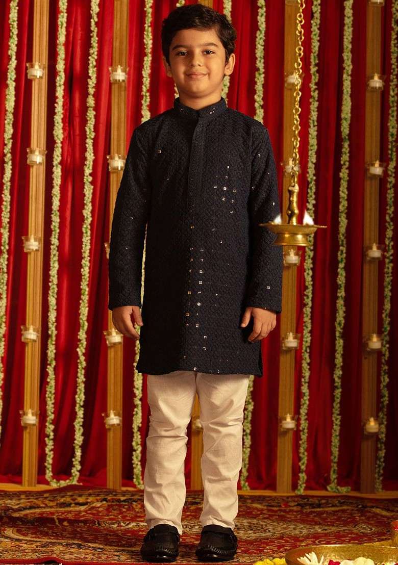 Navy Blue Embroidered Blended Kurta Set For Boys - Indya