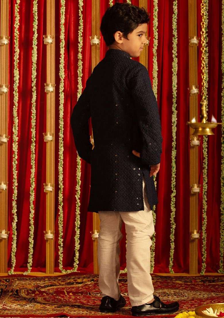 Navy Blue Embroidered Blended Kurta Set For Boys - Indya
