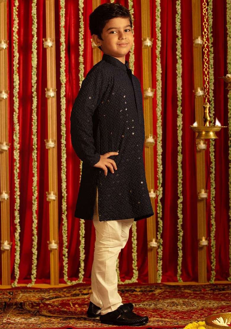 Navy Blue Embroidered Blended Kurta Set For Boys - Indya