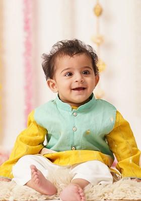 Yellow Woven Design Cotton Kurta Set For Boys